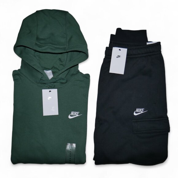 Nike Club Fleece 2 PC Sweatsuit Mens Size M Cargo Tracksuit Dark Green Black NWT - Picture 1 of 12